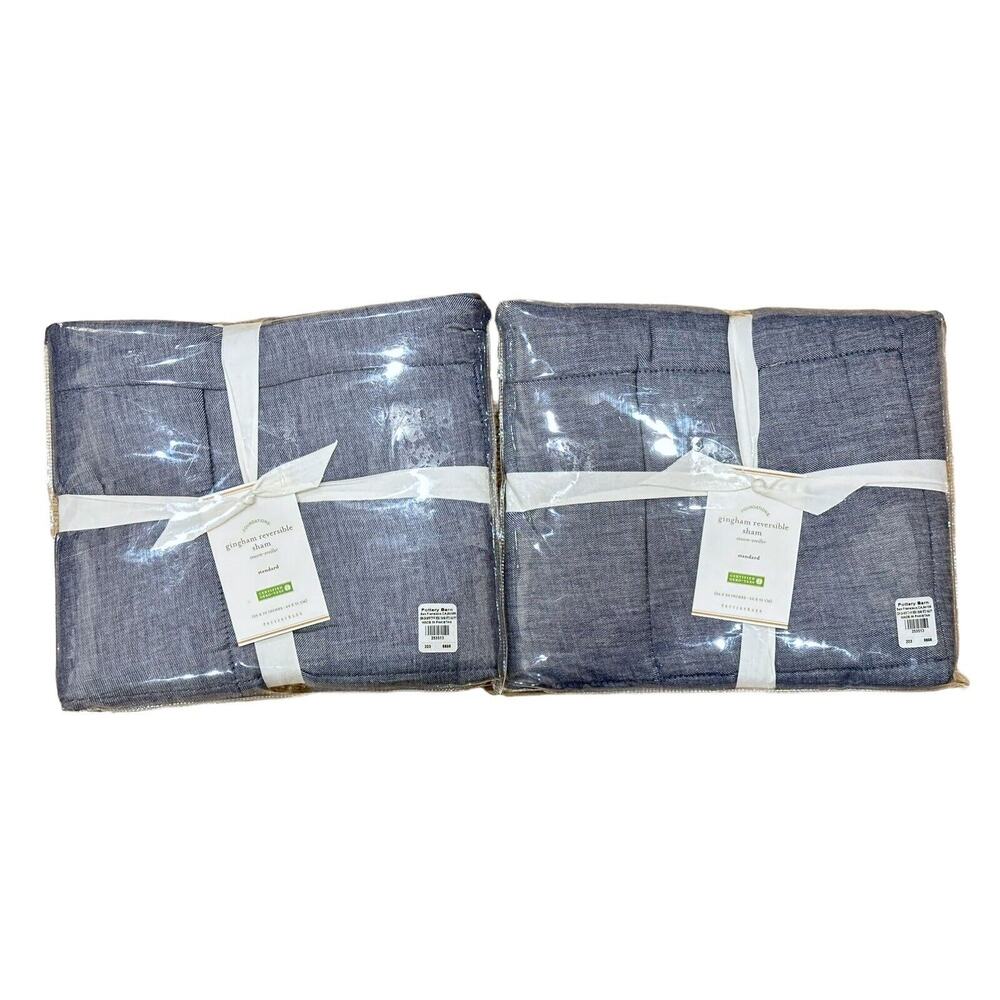 Pair 2 NEW Pottery Barn Navy White Gingham Check Reversible Standard Pillow Sham
